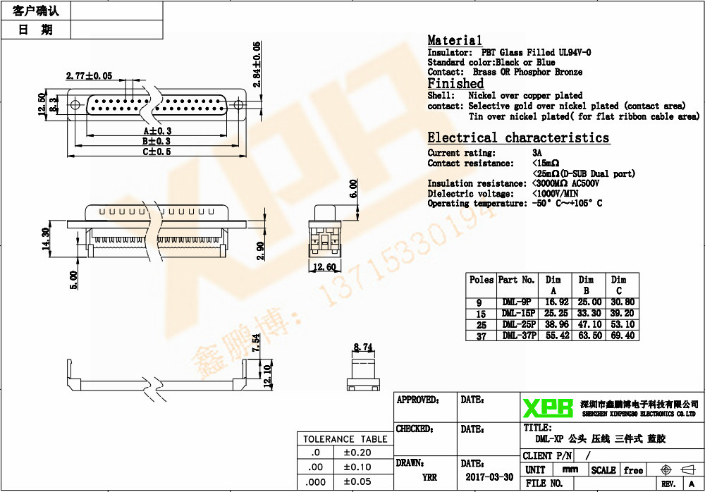 DML-15P 公頭 壓線三件式連接器規格書 DML-15P 公頭 壓線三件式連接器規格書