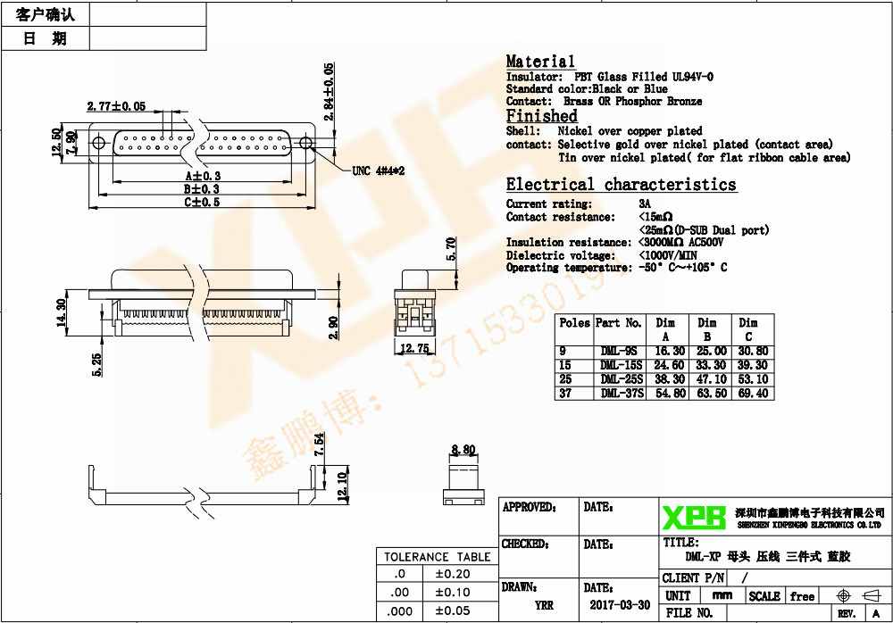 DML-9P 母頭 壓線三件式連接器規格書 DML-9P 母頭 壓線三件式連接器規格書