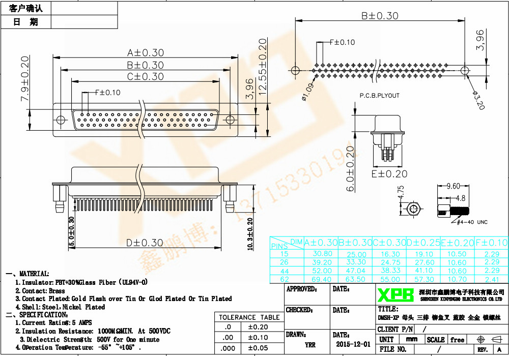 DMSH-XP 母頭 三排 鉚魚叉連接器規格書 DMSH-XP 母頭 三排 鉚魚叉連接器規格書