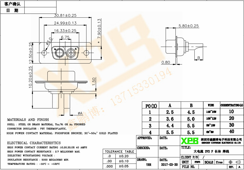 大電流 2W2 公頭<a href='/product/' class='keys' title='點擊查看關于連接器的相關信息' target='_blank'>連接器</a>規格書 大電流 2W2 公頭連接器規格書